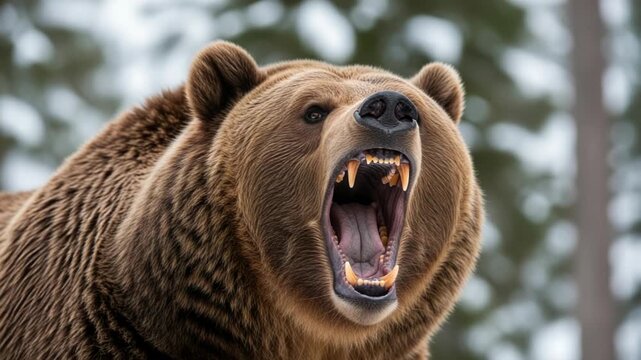 A powerful grizzly bear with its mouth wide open, revealing sharp teeth and a ferocious snarl, captured in a closeup shot in its natural forest habitat