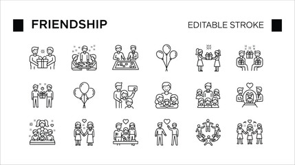 Friendship icons celebrating giving gifts playing games and togetherness