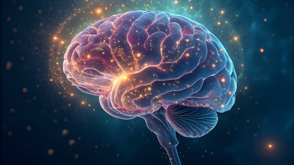 Fototapeta premium Realistic hallucination visualization — brain under psychedelic influence, serotonin flooding receptors, distorted perception glowing across sensory cortex