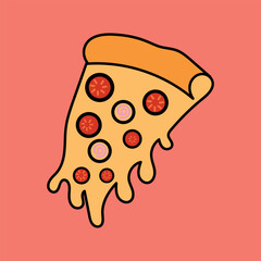 A delicious slice of pepperoni pizza with melted cheese and green peppers on a pink background.