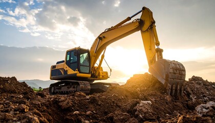 Excavator working on a site at sunset