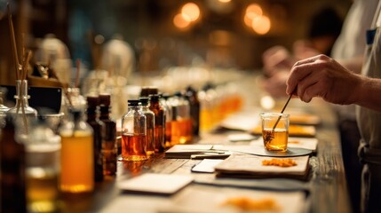 Hands blending scents at a perfumery