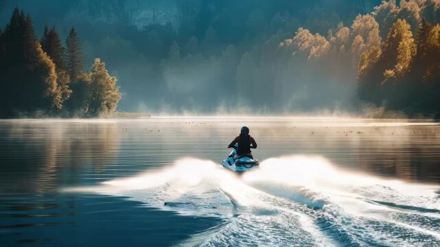 Person riding jet ski on serene lake surrounded by forest in autumn