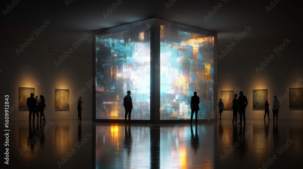 Poster glowing abstract cube illuminates art gallery as visitors admire the innovative installation during 