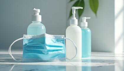 Medical face mask, hand sanitizers on clean surface. Personal protective equipment for disease prevention. Essential items for hygiene, health care, safety during pandemics, outbreaks, epidemics.
