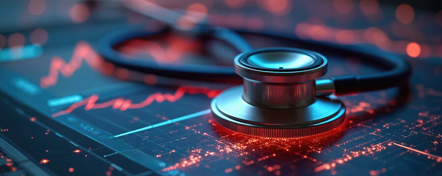 Stethoscope rests on glowing digital financial display. Abstract pink, blue graph charts show market analysis, stock data, economy, business growth. Futuristic interface highlights technology in