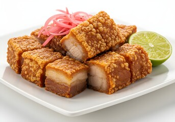 Crispy fried pork chunks with golden-brown crust, served on a white dish with pickled onions or lime wedge garnish, isolated on white surface.