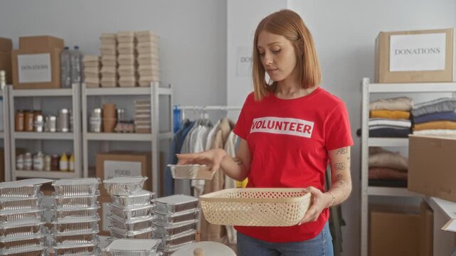 Young woman volunteer organizing supplies in an indoor donation center, wearing a red shirt and surrounded by shelves of food and clothing donations.