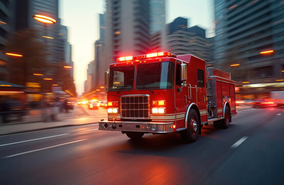 Red fire engine speeds through city streets at dusk, siren flashing, en route to emergency. Dynamic motion blur captures urgent mission, urban landscape. Pro firefighters serve community, responding