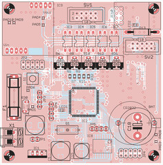 Vector printed circuit board of electronic 
device with components of radio elements, 
conductors and contact pads placed on pcb. 
Engineering technical drawing. Computer technic cad design.