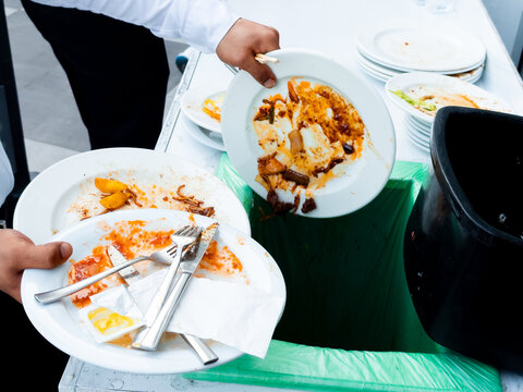 Food waste disposal. Hands scraping food into trash at restaurant setting