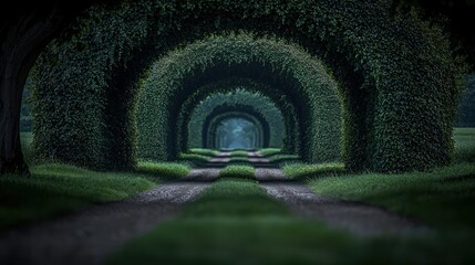 Green tunnel with trimmed trees and pathway