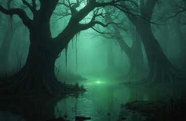 Mysterious foggy swamp surrounds gnarled trees with twisted roots. Eerie green lights glow from murky water creating foreboding atmosphere. Swampy landscape features thick mist and sense of mystery.