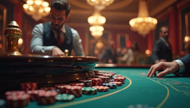 Businessman plays roulette at casino, betting money. High-stakes gambling excitement and adrenaline rush. Addiction theme. Luxury interior, chandeliers, blurred people in background.