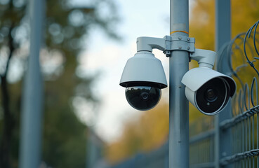 Modern security camera system with dome, bullet cameras mounted on metal pole. Outdoor surveillance equipment captures footage for safety, monitoring. Includes elements of urban infrastructure,