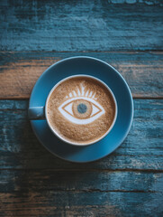 Latte art of human eye in coffee cup on rustic wooden table