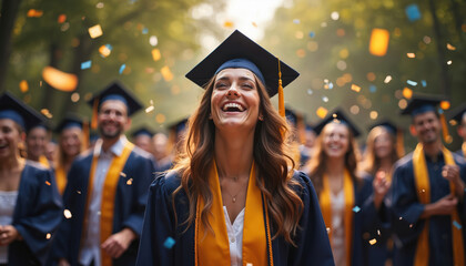 Joyful graduate laughs amidst falling confetti, celebrating academic success outdoors. University students in caps, gowns share happiness at graduation ceremony. Proud moment of achievement, new