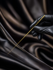 Gloved hand holding golden needle over black satin fabric