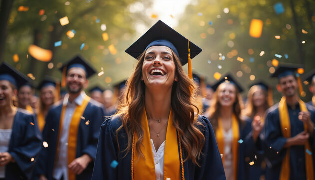 Joyful graduate laughs amidst falling confetti, celebrating academic success outdoors. University students in caps, gowns share happiness at graduation ceremony. Proud moment of achievement, new