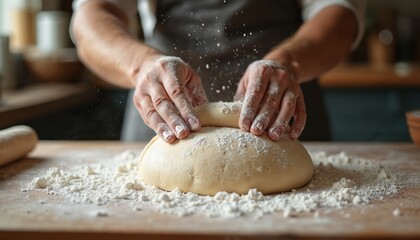 Artisan baker hands knead dough dusted with flour. Rustic kitchen setting, culinary creativity. Focus on texture, preparation, and homemade baking process.