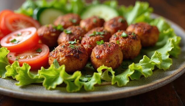 Delicious chapli kebabs served with fresh lettuce, tomato slices, and cucumber rounds on rustic plate. These seasoned meat balls are cooked to perfection, offering tasty main course or hearty snack.