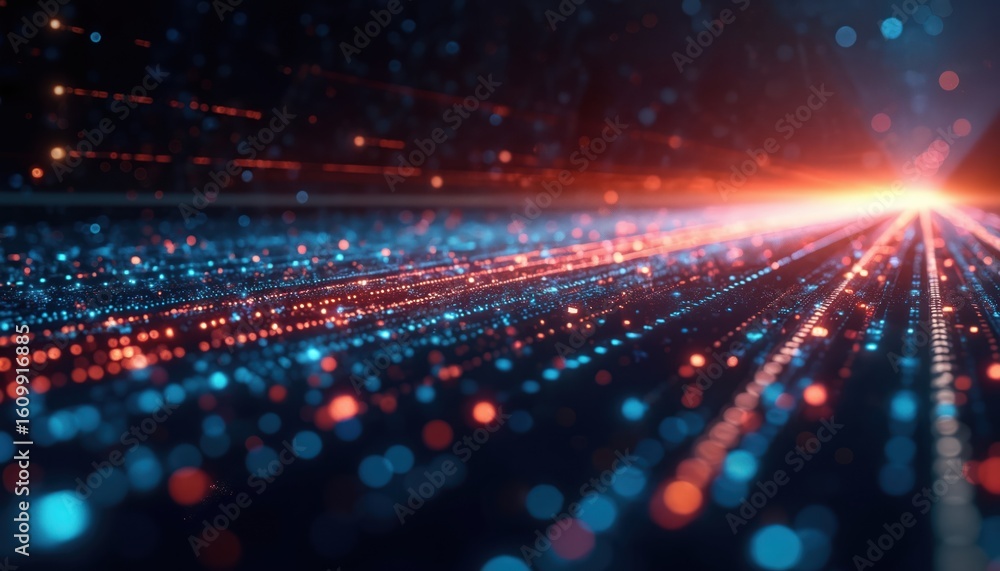 Poster abstract digital data stream with glowing blue and red particles on dark background. fast motion lin