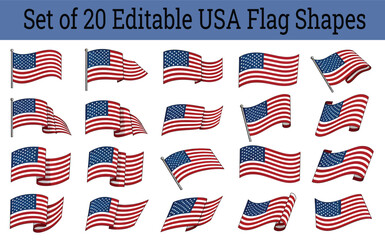 Editable Collection of 20 USA Flag Shapes in Diverse Layouts Including Waving, Hanging, and Curved Forms — Patriotic Vector Banner Set for National Campaigns, Design Toolkits, and America independence