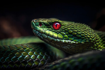 Close-Up of Green Snake with Vivid Red Eyes