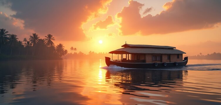 Houseboat cruises Alappuzha backwaters at sunrise, warm morning light reflects on serene water. Palm trees line river bank. Peaceful journey through Kerala, India. Tranquil boat travel experience.
