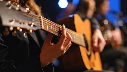 Obraz premium Close-up of hands playing acoustic guitar