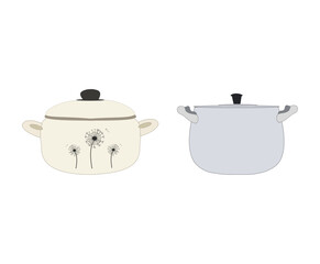 kitchen pots vector illustration on transparent background, set of stainless steel pots with lid drawings