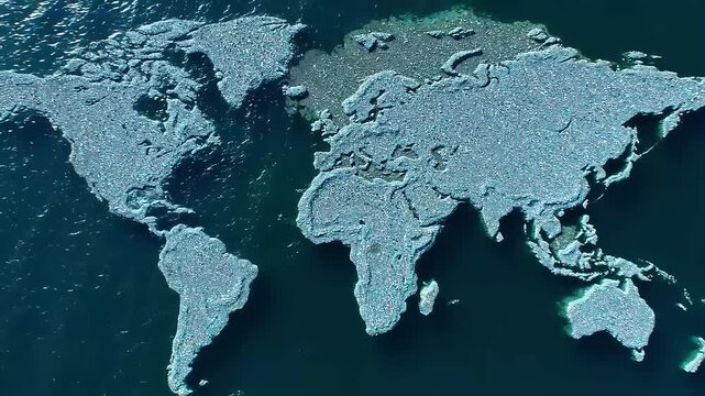 World Map Made of Plastic Waste Floating on Ocean, Symbolizing Global Pollution