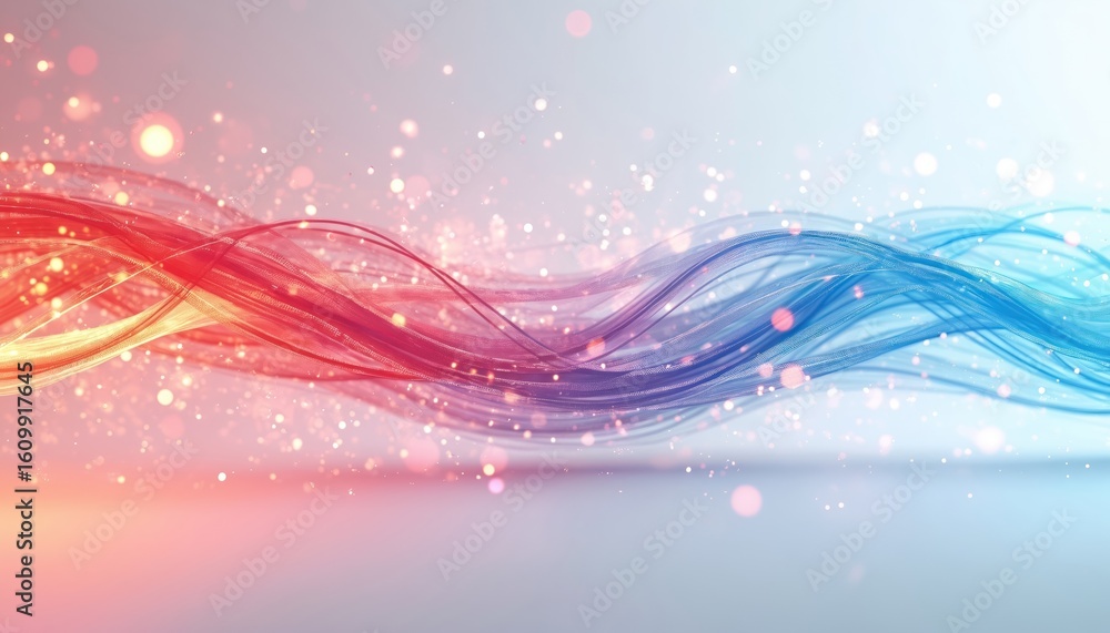 Poster abstract red, blue light streaks flow across gradient background, suggesting data transfer in cybers