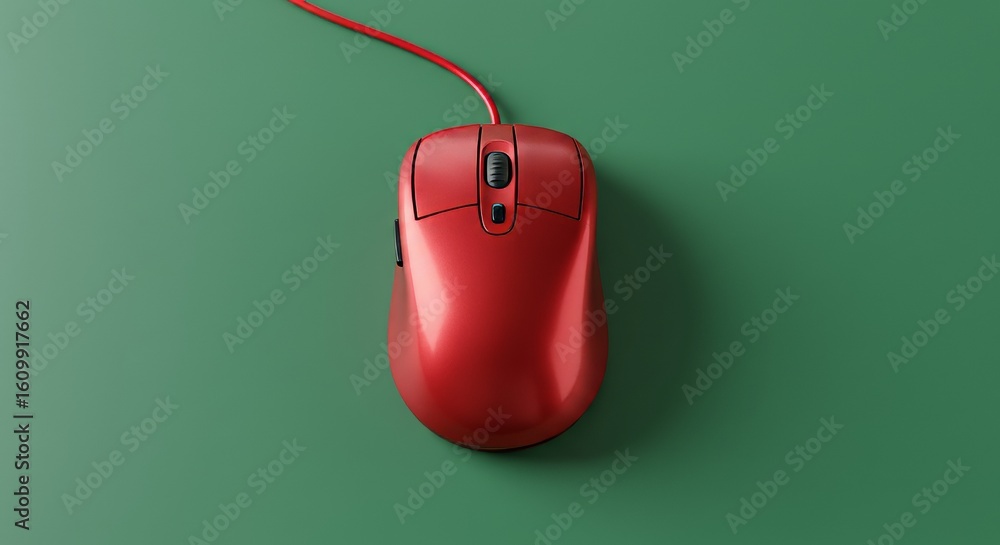 Poster sleek red computer mouse on vibrant green background offering a modern workspace aesthetic for tech 
