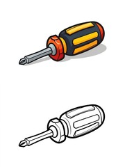 Cartoon Screwdriver Illustration, Colored and Outline Versions