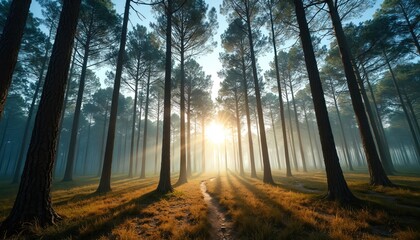 Tall pine trees in forest create natural pattern seen from low angle. Bright morning sunlight filters through foliage, casting long shadows on misty forest floor. Serene scene evokes peacefulness,