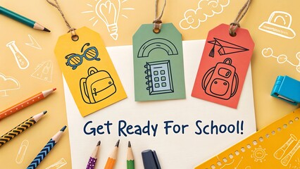 Back to school gift tags with school supplies isolated on white background