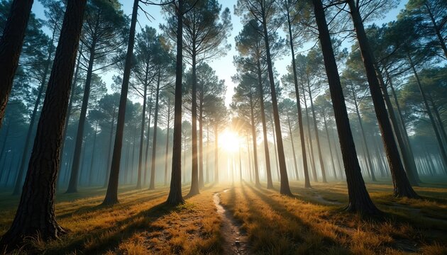Tall pine trees in forest create natural pattern seen from low angle. Bright morning sunlight filters through foliage, casting long shadows on misty forest floor. Serene scene evokes peacefulness, - Powered by Adobe