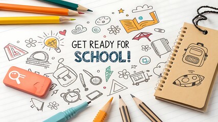 Back to school supplies and drawings isolated on white background