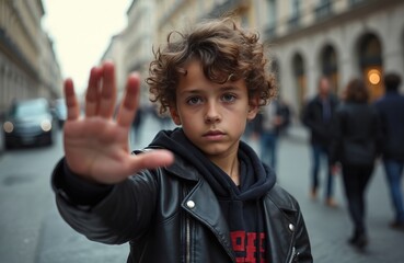 Young boy with curly hair in black leather jacket gives stop gesture with palm. Concept of protest against abuse, violation. Boy warns, halts, defends, shows resistance in street.