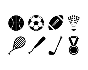 Collection of sports equipment and award icons silhouette isolated on white background