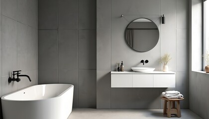 Fototapeta premium Minimalist gray bathroom featuring white freestanding bathtub, black fixtures, round mirror, vanity with sink and wooden stool. Modern serene spa space with natural light, tiles, and wood accents.