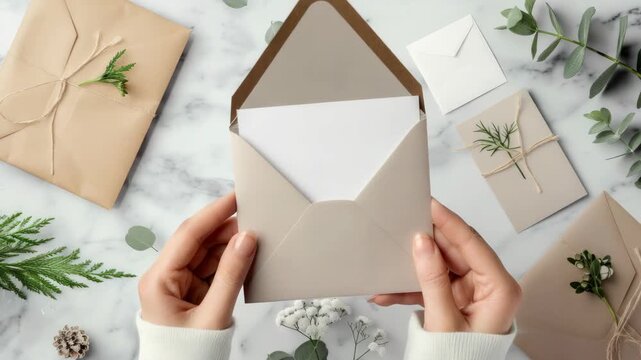 Hands holding open beige envelope with blank card inside, surrounded by crafted envelopes green plants