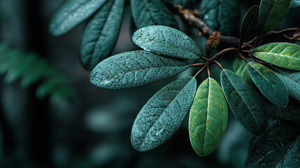 Leaves glisten with water droplets, creating a lush, fresh feel. Great for design, backgrounds, and marketing materials emphasizing nature and tranquility.