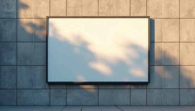 Blank billboard mounted on tiled building exterior wall. Sunlight creates dappled tree shadows across empty white display panel. Perfect for advertising messages, urban promotions, architectural