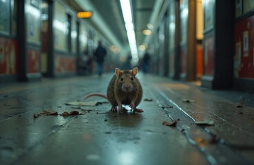 Common brown rat ventures along grimy subway platform, its eyes fixated forward. Fallen leaves trash wet, reflective ground. Blurred figures and train lights create urban, gritty atmosphere.