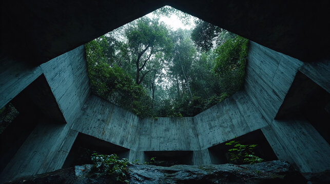 Geometric concrete structure frames lush forest, creating an intriguing contrast. Perfect for architectural, conceptual, or editorial use.
