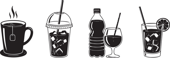 Collection of stylized black and white illustrations of various alcoholic and non alcoholic beverages in glasses and bottles