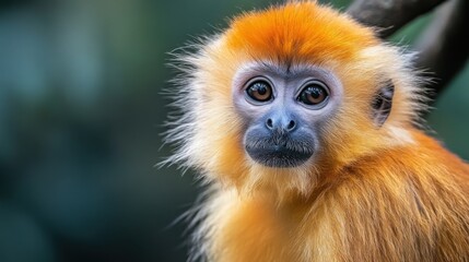 Fototapeta premium This stunning close-up photograph features an expressive monkey with striking orange fur, showcasing its emotional depth and vivid beauty against a blurred green backdrop.