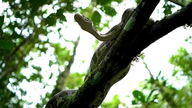 Large Serpent Resting on a Moss-Covered Branch in a Lush Green Forest Canopy